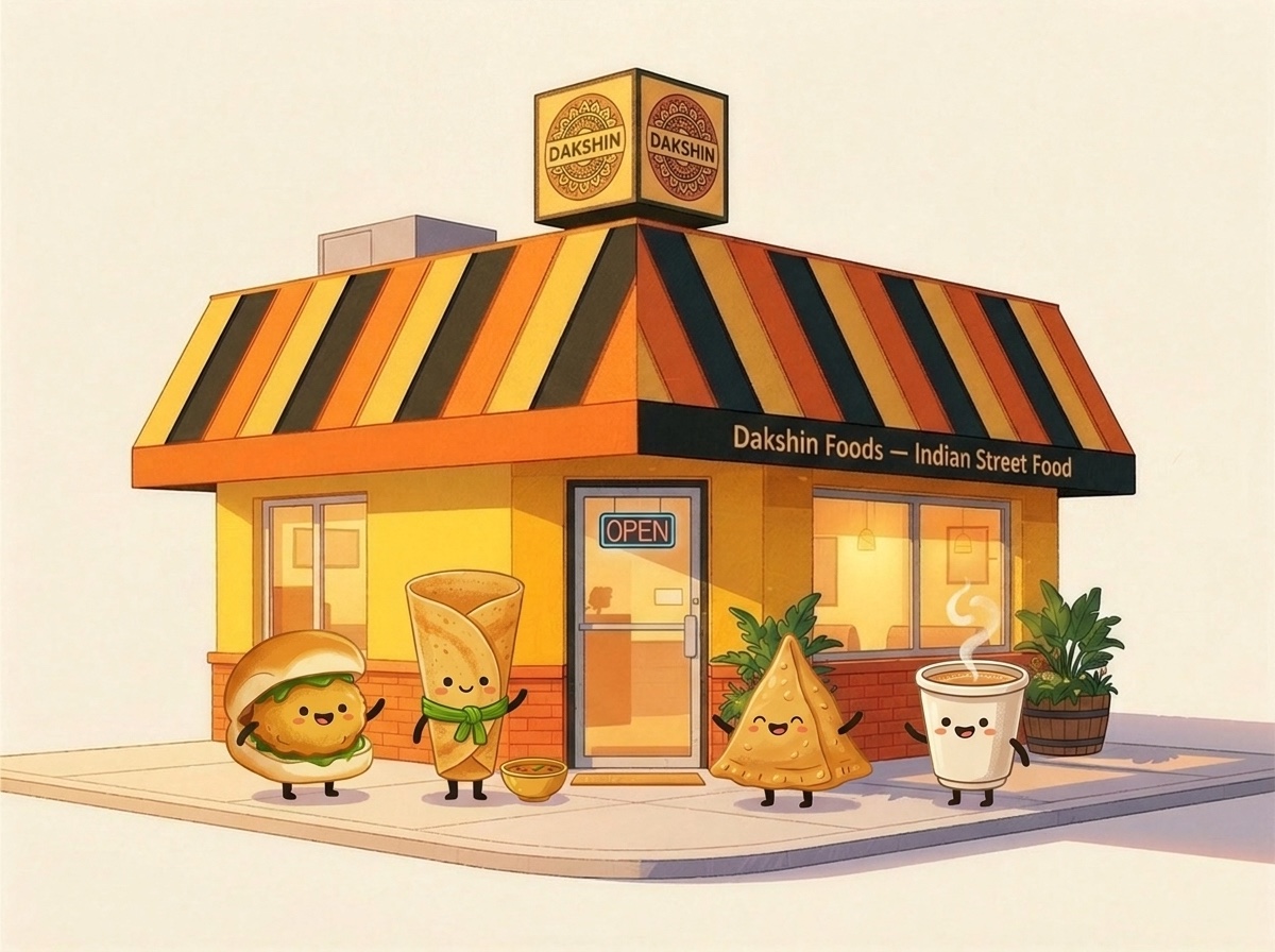 The Dakshin Foods yellow corner shop with its food mascots — vada pav, dosa, samosa and chai — out front