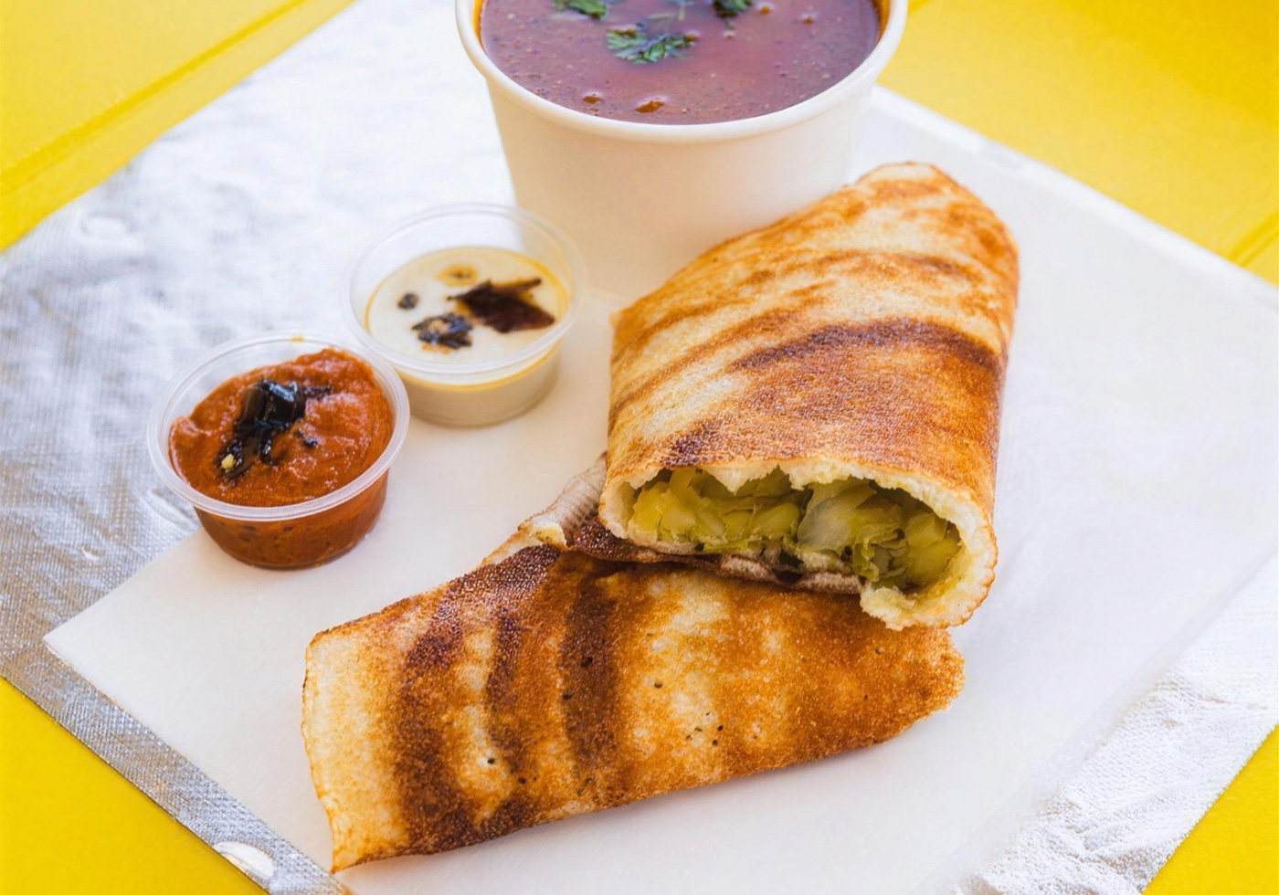 Masala dosa with sambar and chutneys