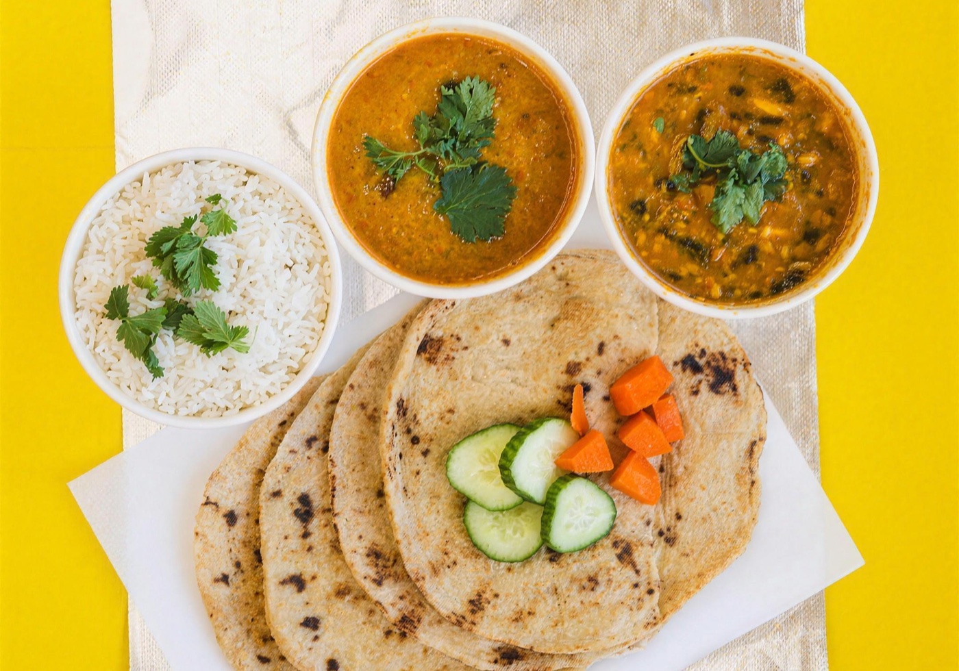 Tiffin thali — dal, rice and fresh chapatis